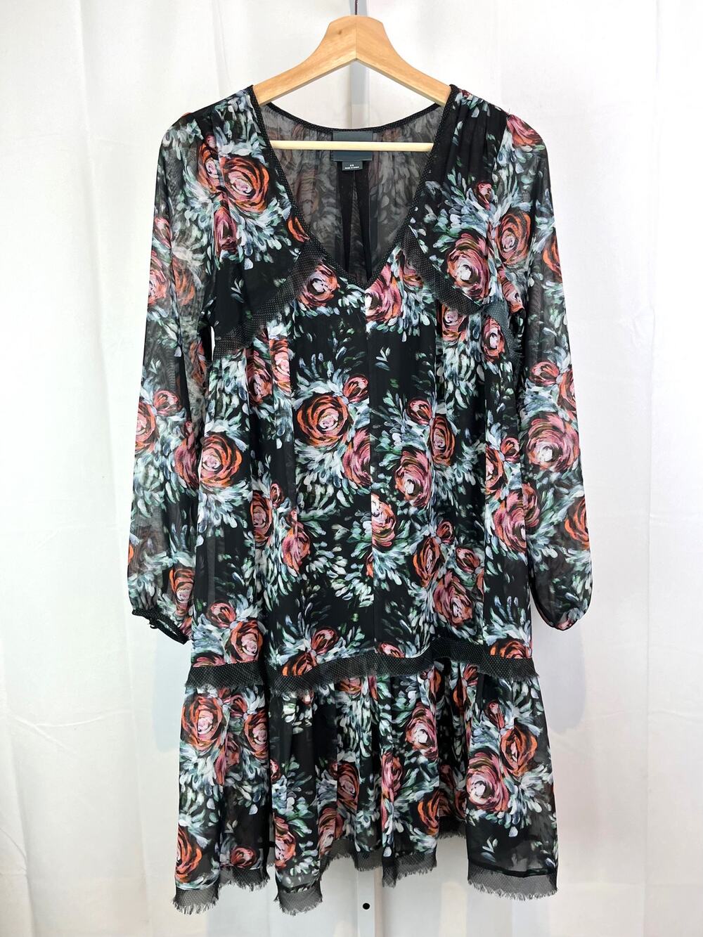 MAEVE Anthropologie Size XS Painterly Floral Swing Dress Long Sleeve Black Pink